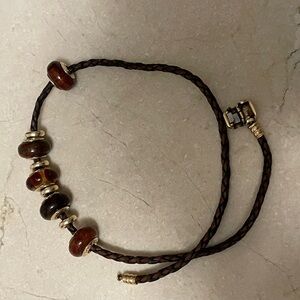 Pandora Brown Braided Leather Bracelet with Brown Glass Bead,wood beads 14kt